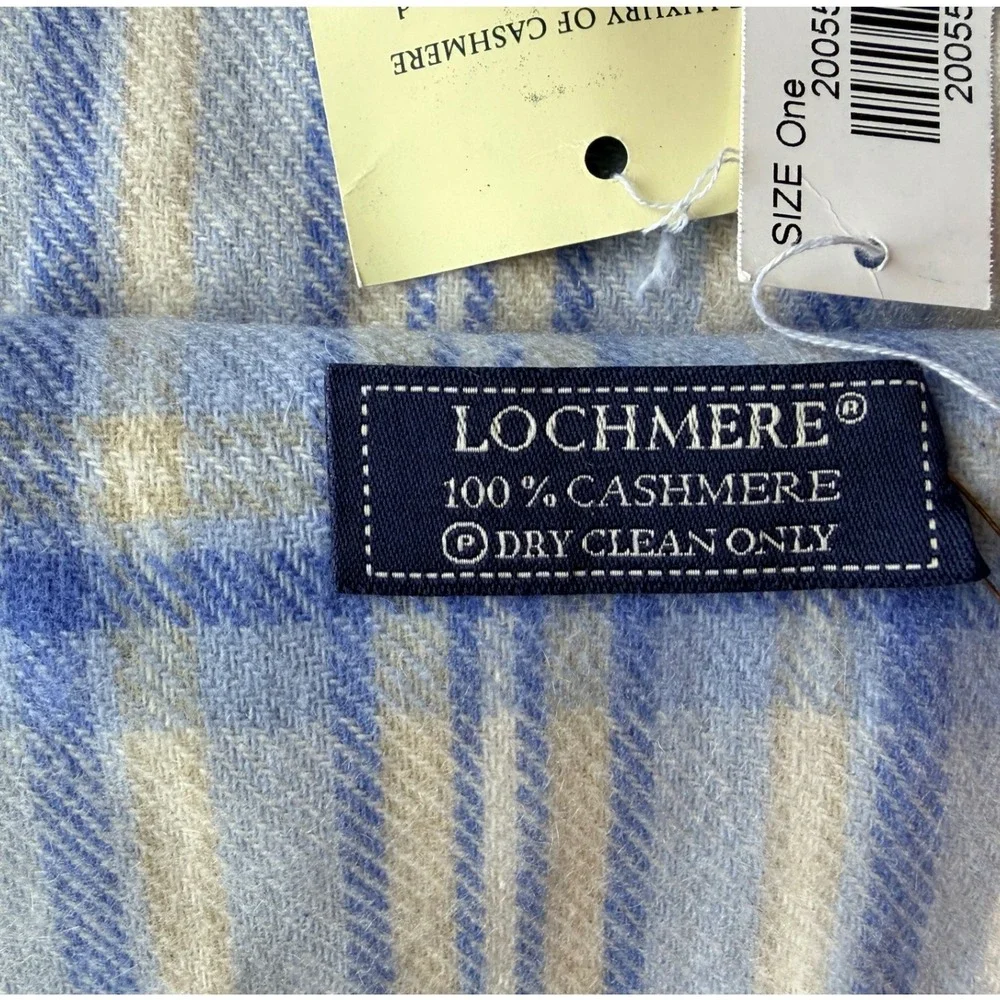 Lochmere Scarf Plaid 100% Cashmere Fringe Soft Luxury Blue Cream Tan One Size